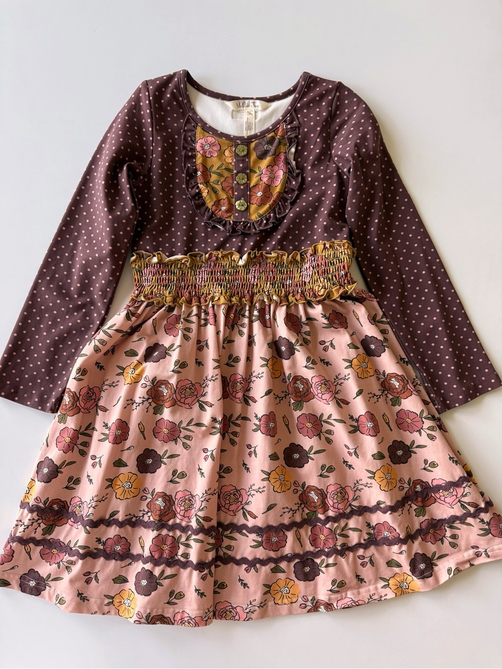 Matilda Jane Pink Floral Dress with Brown Polka-Dot Bodice